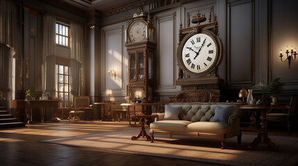 Wall Mural - a living room with a clock hanging on a very high wall