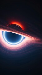 Wall Mural - Interstellar black hole in outer cosmos. Giant singularity with glowing rotating accretion disk. Vertical 3d illustration astrology background. Cosmos around wormhole warps space-time in curved space.