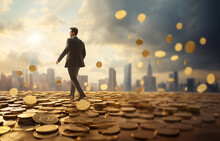 Successful Businessman Walking On Gold Coins, Business,money,finance,business Growth Concept Leadership And Success Background With Copy Space