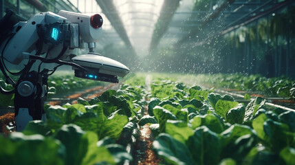 Agriculture futuristic. Pollinate of vegetables with robot automation. Detection spray chemical. Leaf analysis and foliar fertilization. Eliminate pests and provide essential , Generative Ai