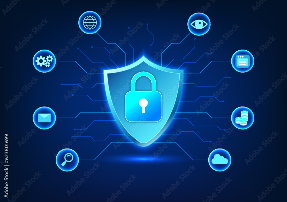 Security technology There is a shield and a lock inside with a circuit ...