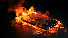 Burning Smartphone. Mobile Phone In Fire, Generative Ai