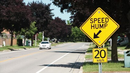 Sticker - close on speed hump arrow 20 km/h sign in black writing on yellow background silver post with blurred cars passing in background