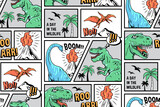 Fototapeta Fototapety na ścianę do pokoju dziecięcego - Vector comic style dinosaur seamless pattern. Pattern with Tyrannosaurus Rex, Stegosaurus, Brachiosaurus, Triceratops, and Pterodactyl cartoons.