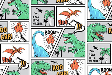 vector comic style dinosaur seamless pattern. pattern with tyrannosaurus rex, stegosaurus, brachiosa