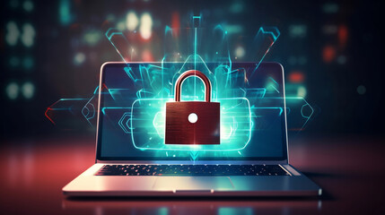 Laptop with padlock. Password and scanning unlock and access to business data network. Cloud. Biometric identification and cyber security protect business transaction , Generative Ai