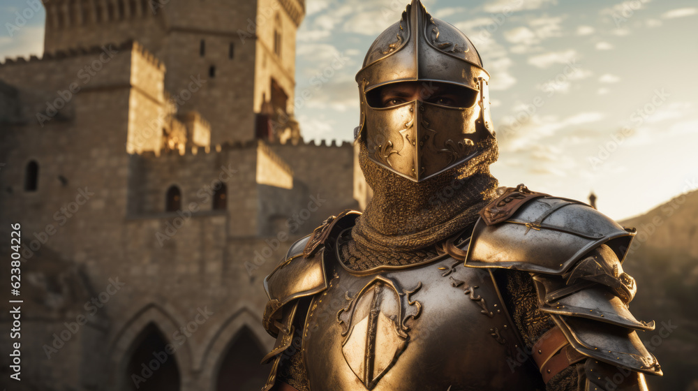 Medieval knight in shining armor standing in front of a castle in the ...