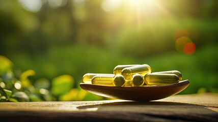 Wall Mural - Pile of Herbal Capsules on Wooden Spoon with Green Botanical Background