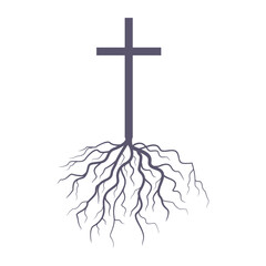 Christian cross with roots. Christianity concept illustration.