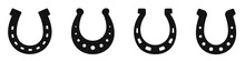 Horseshoe Icons Set. Black Silhouettes Of Horseshoes On White Background. Lucky Horseshoe Symbols Collection - Stock Vector.