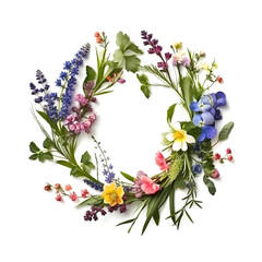 Wall Mural - Wreath of wild spring flowers on white background