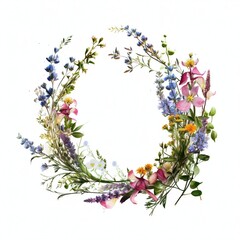 Wall Mural - Wreath of wild spring flowers on white background