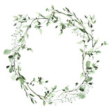Fototapeta Panele - Watercolor greenery frame. Wild green, emerald branches, leaves and twigs wreath. Isolated clipart.