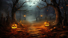 A Field Of Grinning Pumpkins Takes On An Eerie Ambiance Under The Moonlit Sky. AI Generated