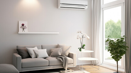 A seamlessly integrated air conditioner in a modern room, combining functionality and style for a comfortable and visually pleasing indoor environment. AI generated