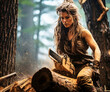Wild young woman with long hair sits on a log with a chainsaw, made with generative ai