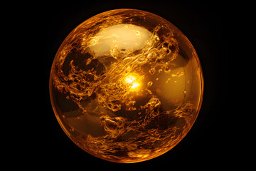3d render of a golden planet on a dark background with bokeh. golden planet on a black background in