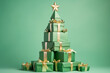 © ink drop - Green christmas presents and gifts stacked into a festive christmas tree shape