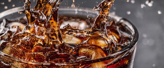 Wall Mural - Pouring of Cola and Ice. Cola soda and ice splashing fizzing or floating up to top of surface. Close up of ice in cola water. Texture of carbonate drink with bubbles in glass. Cold drink background
