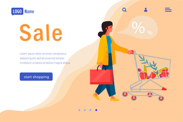 Wall Mural - Shopping landing page. Woman with trolley making purchases. Web banner template. Female character carrying bag and pushing cart. Buying food products or gifts cartoon flat vector illustration