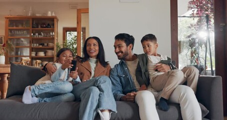 Poster - Happy, family on a sofa or watching television with happiness, quality time or bonding together. Parents on a couch, mother or father with children, kids or movies with cartoons, home or subscription