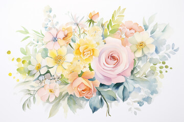 Floral pastel watercolor style wedding bouquet. Isolated and editable. Soft Colors. Flowers and leaves.