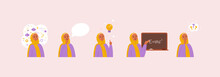 Muslim Woman Character In Different Poses. Thinking Female In Headscarf, Muslim Teacher, Idea Concept. Vector Illustration Of Cute Versatile Female.