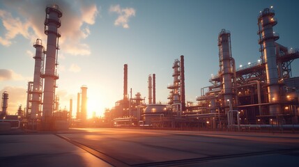 Canvas Print - Oil and gas refinery plant or petrochemical industry on sunset sky background, Factory with evening, with generative ai