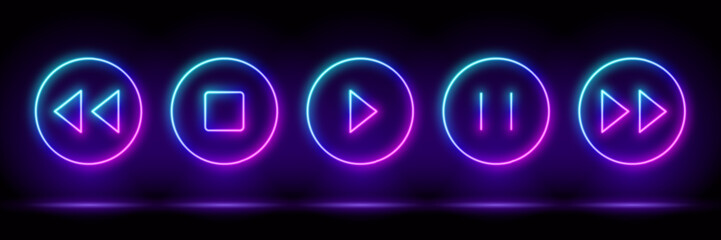 3d render, blue neon music player icons set, empty space, ultraviolet light, 80's retro style, fashion show stage, abstract background, illuminate frame design. Abstract cosmic vibrant mediaplayer ico
