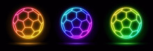 3d Render, Blue Neon Frame, Circle, Soccer Ball Shape, Empty Space, Ultraviolet Light, 80's Retro Style, Fashion Show Stage, Abstract Background, Illuminate Frame Design. Abstract Cosmic Football
