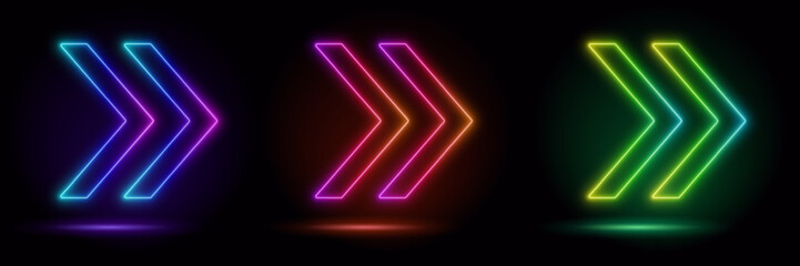 set of glow neon arrows, arrow shape, empty space, ultraviolet light, 80's retro style, fashion show