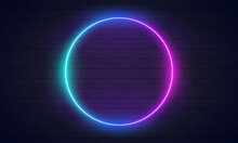Round Neon Frame Pink And Blue Colors At Purple Brick Wall Background. Glowing Neon Frame In Retro 80s - 90s Style. Colored Neon Sign With Empty Space. Futuristic Sci Fi Modern Neon Gradient Glowing F
