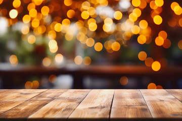 Image of wooden table in front of abstract blurred restaurant lights background. generative ai.