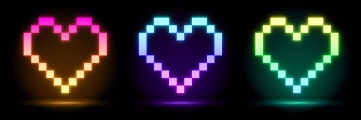 3d render, pixel heart frame, heart shape, empty space, ultraviolet light, 80's retro style, fashion show stage, abstract background, illuminate frame design. Abstract cosmic vibrant heart 8 bit icon.