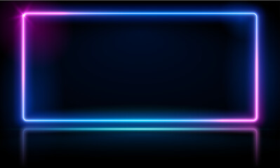 Wall Mural - Vector square glowing in the dark, pink blue neon light, illuminate abstract cosmic vibrant color backdrop. Glowing neon light frame with rounded corners. Neon rectangle, neon lights horizontal sign, 