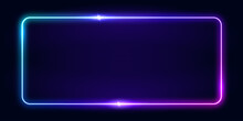 Vector 3d Render, Square Glowing In The Dark, Pink Blue Neon Light, Illuminate Frame Design. Abstract Cosmic Vibrant Color Backdrop. Glowing Neon Light. Neon Frame With Rounded Corners. 