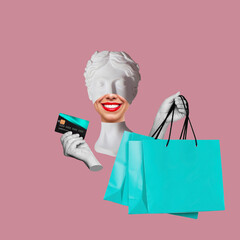 Wall Mural - Young woman headed antique smiling statue's head with red lips holding turquoise paper bags and bank plastic credit card isolated on pink color background. Shopping and fashion. Contemporary art