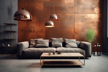 Wall Mural - contemporary living room interior with brown walls, concrete floor, gray sofa and coffee table. 3d r