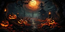 A Halloween Scene With Pumpkins And A Creepy House. Pumpkins, Creepy House, Halloween, Costumes, Decorations, Candy,Halloween Template. Generative AI