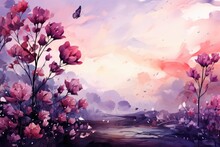 A Painting Of Pink Flowers And A Purple Sky. Pink Flowers, Purple Sky, Art, Paintings, Colour, Nature. Generative AI