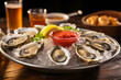 Oysters on the half shell, freshly shucked oysters served chilled on a bed of ice, arranged with mignonette sauce and lemon wedges, ready to be served in a fine restaurant