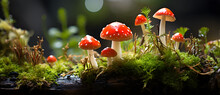 Mushrooms Growing On Moss Growing In A Forest Generated By AI