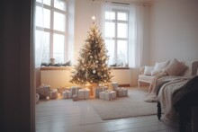 Bright Room With Christmas Tree, Room Decorated With Christmas Tree, Living Room Design In Modern Style, House Decorated With Christmas Tree And Christmas Gifts