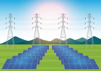 Solar Power Plant. Solar Power Station with Electric Tower and Power Line. Renewable Energy Sources. Clean and Green Energy. Vector Illustration. 