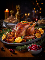 Roasted Turkey on Christmas Dinner Table. Created with Generative AI