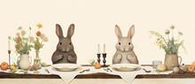 Some Bunny Rabbit Sitting In Front Of A Table Filled With Food Generated By AI