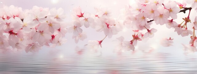 Sticker - Delicate cherry blossom petals cascade gently, creating a serene springtime background. Generative AI