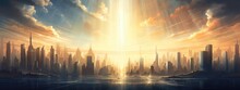 Rays Of Sunlight Penetrate Through Towering Skyscrapers, Painting A Striking Urban Cityscape Background. Generative AI