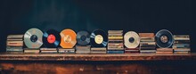 Vintage Vinyl Records Stack Neatly, Presenting A Nostalgic Music Lover's Background. Generative AI