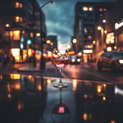 Wall Mural - glass of red wine on table in street cafe at evening on city blurred car traffic light